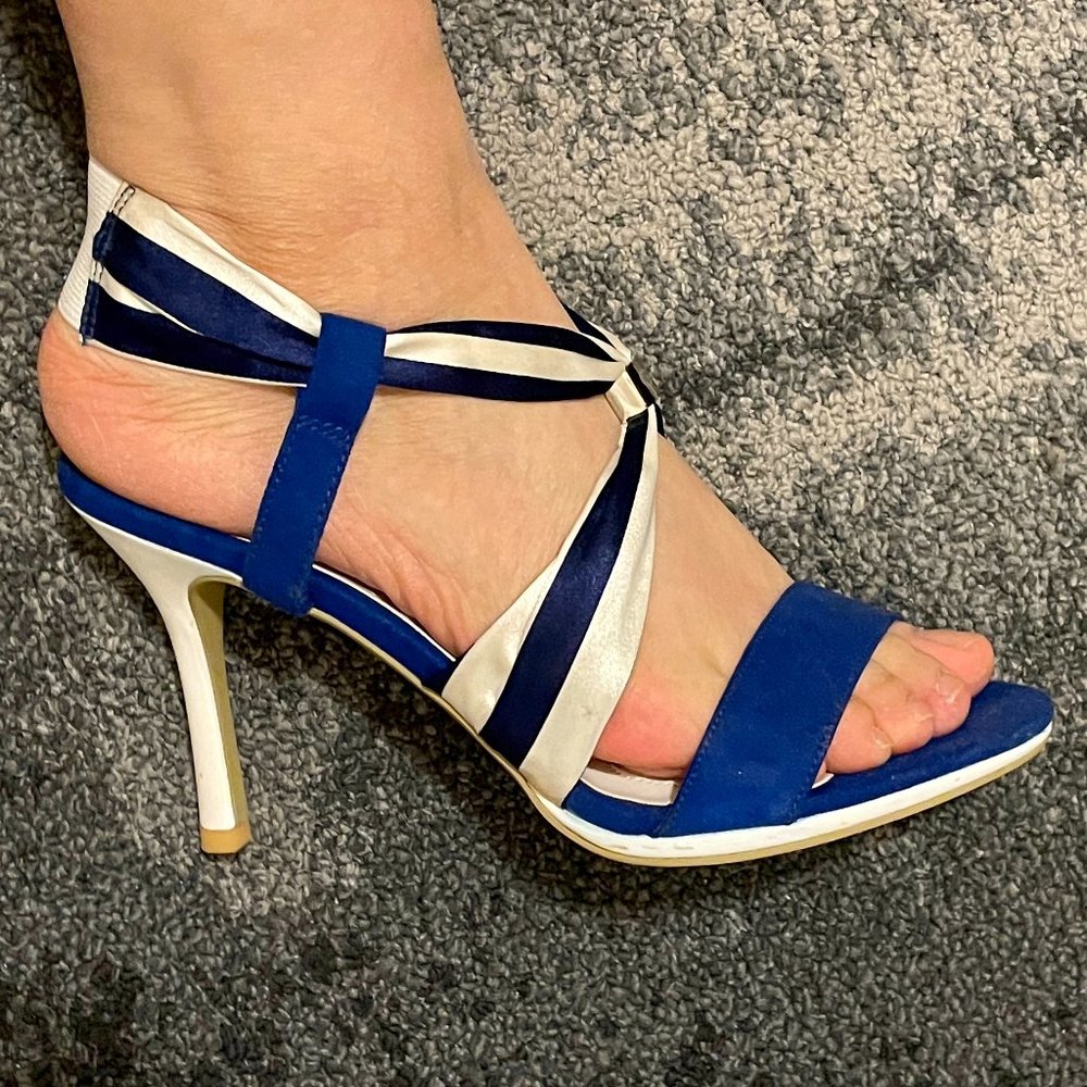 Golden Paris Blue / White High Heel Leather Stripe Strap Sandals, 6.5